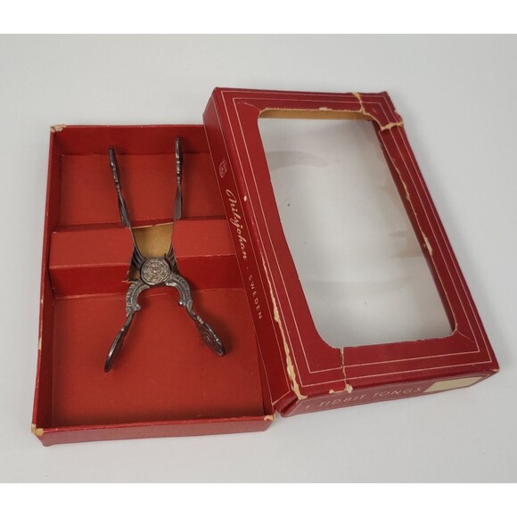 Vintage Nils Johan of Sweden Tidbit Tongs Silverplated Sugar Tongs Hinged w/Box - Picture 7 of 16